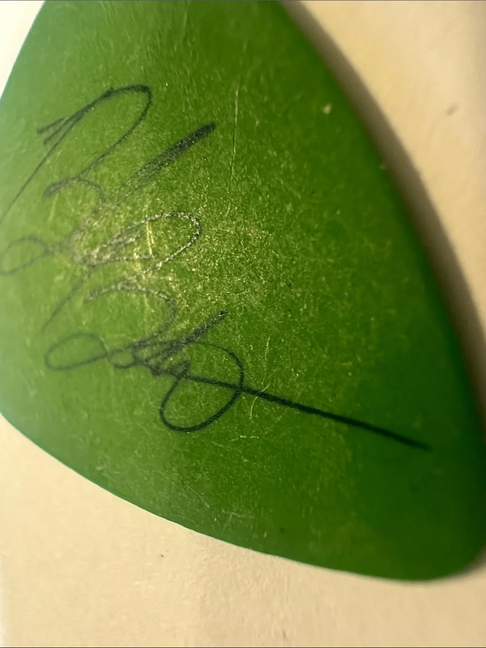 Mayday Parade Brett Brooks Printed AutographGreen Guitar Pick - Branded Logo Pic